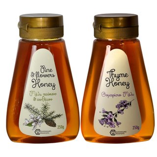 je 1 x Thymian und Pinien und Blüten Honig von Rhodos 2 x 250 Gramm PET-Drückflaschen