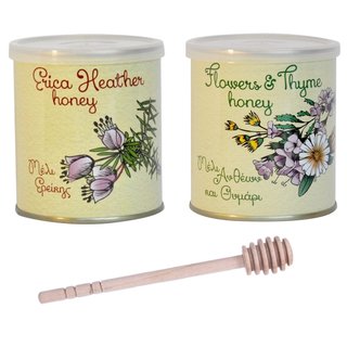 Präsent süße Verführung Sommerblüten-Honig mit Thymian und Erikablüten-Honig 2 x 250 g Dosen + Dipper