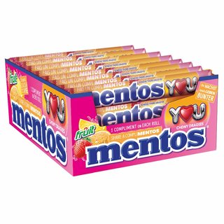 Mentos Frucht  im 40 Rollen Multipack, fruchtige Kau-Dragees mit Orange + Erdbeer + Zitrone - Geschmack